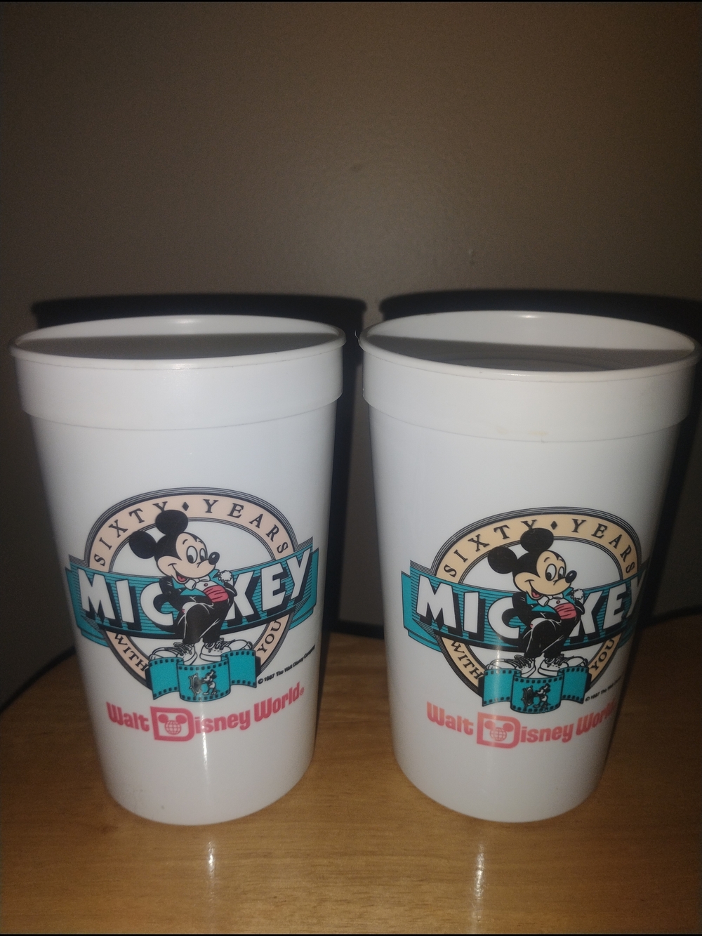 Vintage 60th Anniv Walt Disney World Mickey Souvenir Cups - White wTeal (Pair)